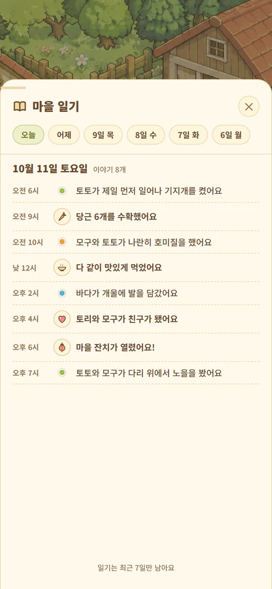 마을 일기. 수확, 식사, 친구가 된 일, 잔치가 시간순으로 적혀 있다