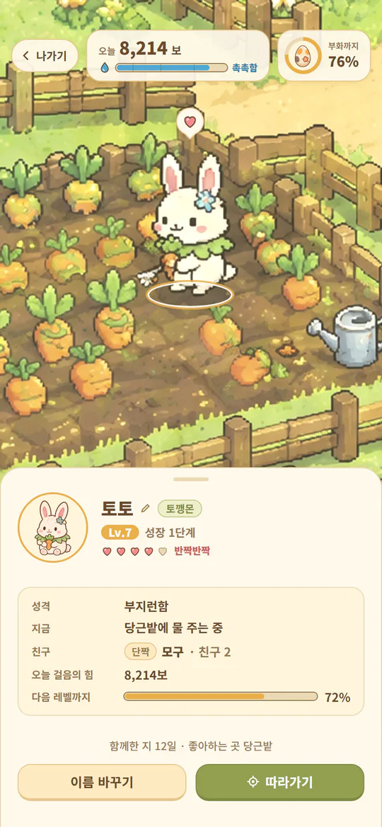 토깽몬 주민 토토의 정보창. 성격 부지런함, 당근밭에 물 주는 중, 단짝 모구